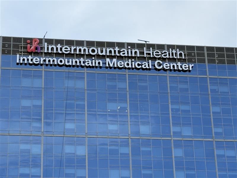 Intermountain Health building identification signage on a medical center facade