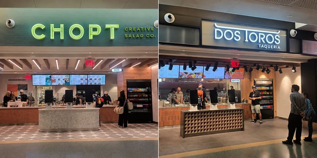 Chopt Creative Salad Co. and Dos Toros Taqueria terminal storefronts with illuminated dimensional lettering