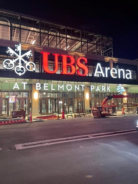 Large-format exterior arena identification signage at UBS Arena, Belmont Park