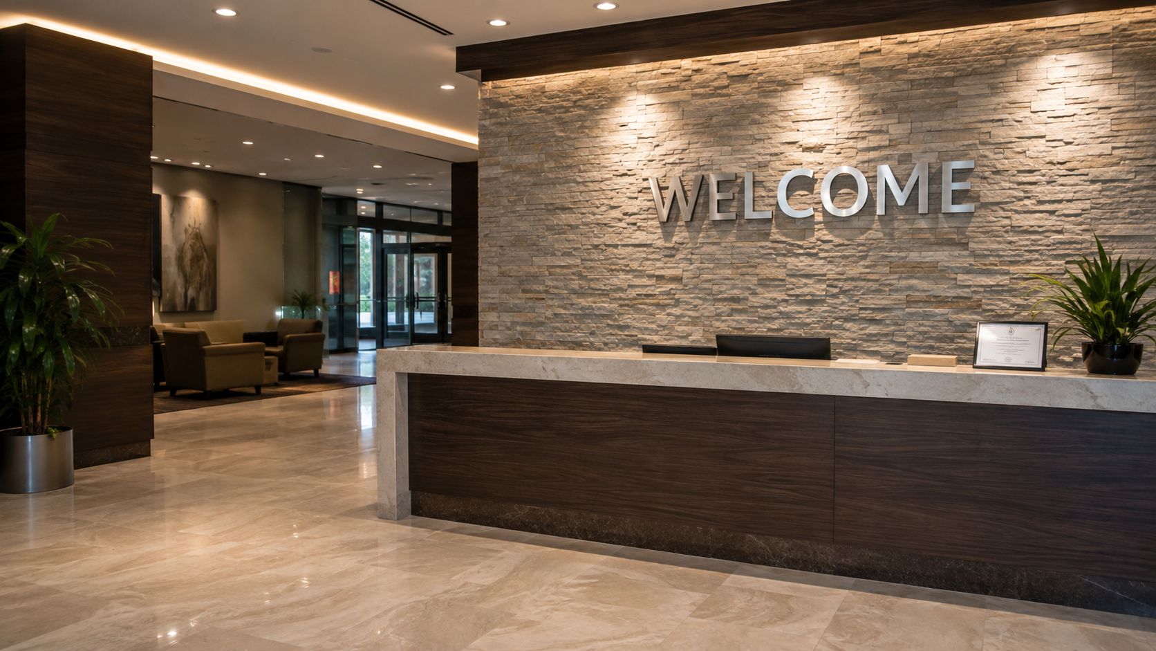 Corporate lobby reception desk with dimensional brushed-metal WELCOME lettering on a textured stone feature wall