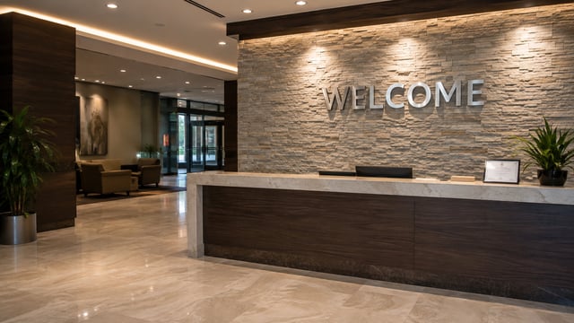 Corporate lobby reception desk with dimensional brushed-metal WELCOME lettering on a textured stone feature wall