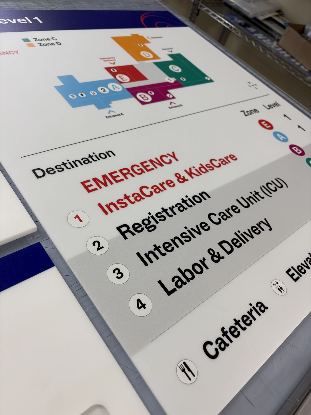 Hospital level directory sign with color-coded zone map and numbered destination listings