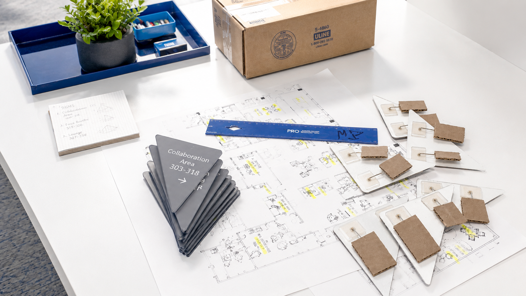 Signage planning materials, floor plans, and wayfinding samples arranged on a workspace for review