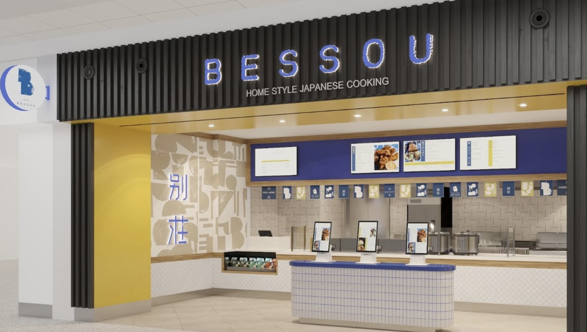 Bessou home style Japanese cooking storefront with illuminated blue dimensional lettering and blade logo sign