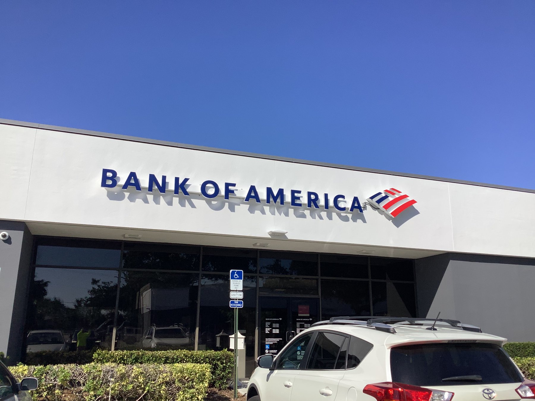 Dimensional Bank of America letters and logo mounted on a branch building fascia