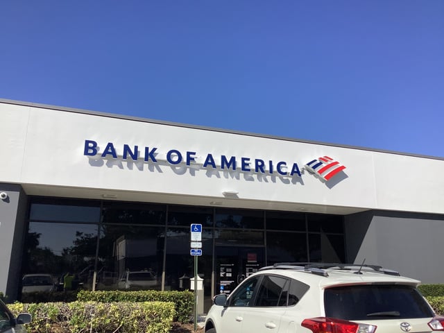 Dimensional Bank of America letters and logo mounted on a branch building fascia