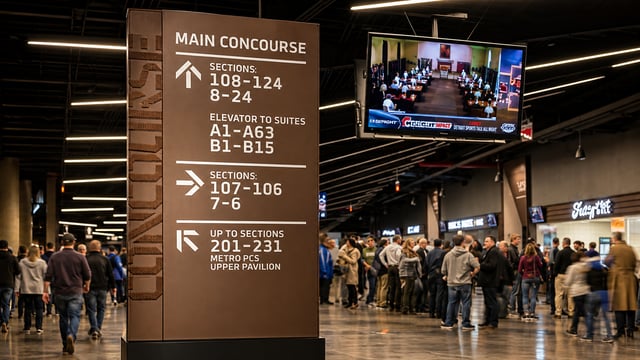 Main concourse directory and wayfinding totem in a busy arena with section, suite, and elevator directions