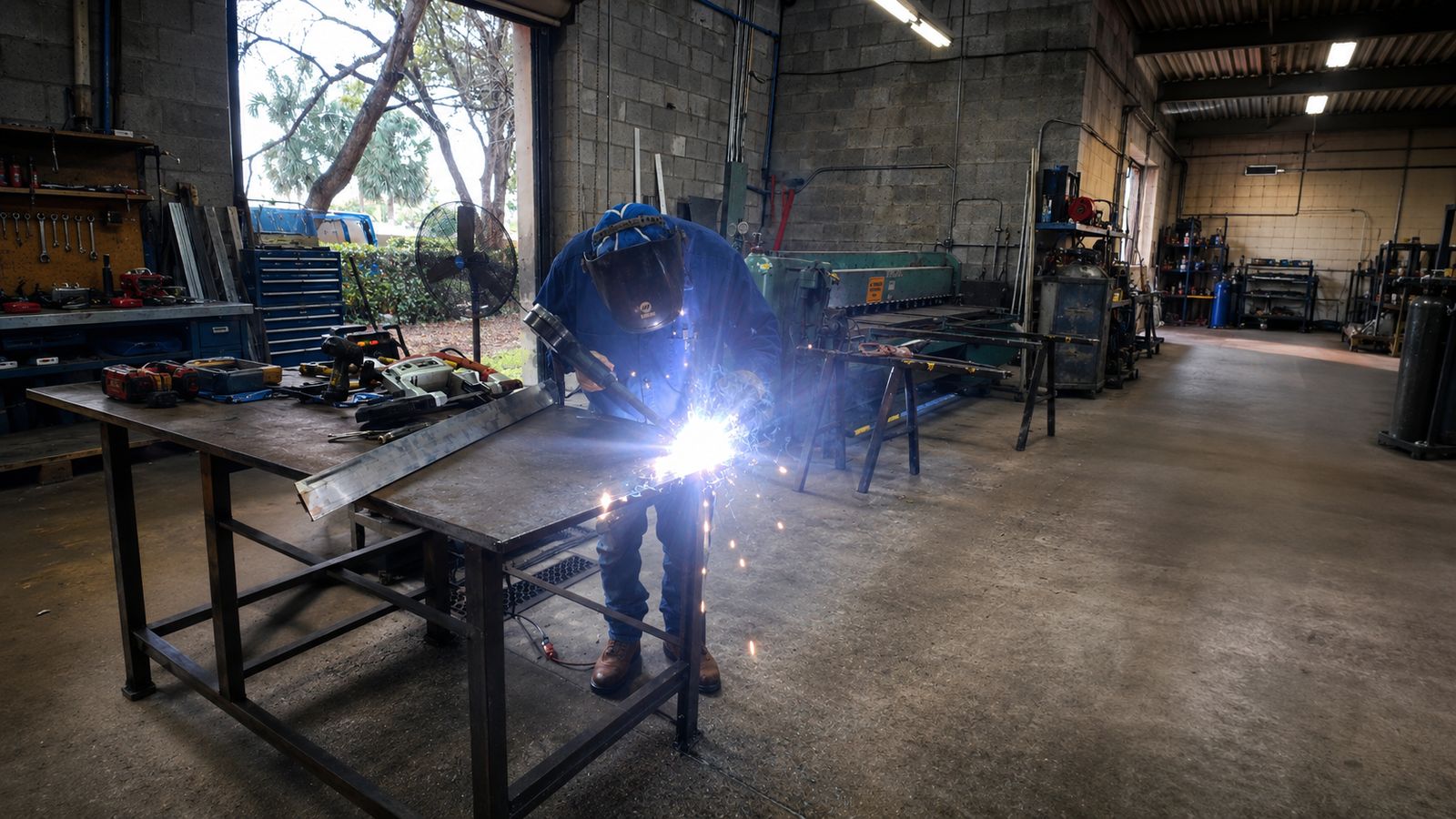 AIS fabrication shop with a welder producing sparks on a metal sign frame