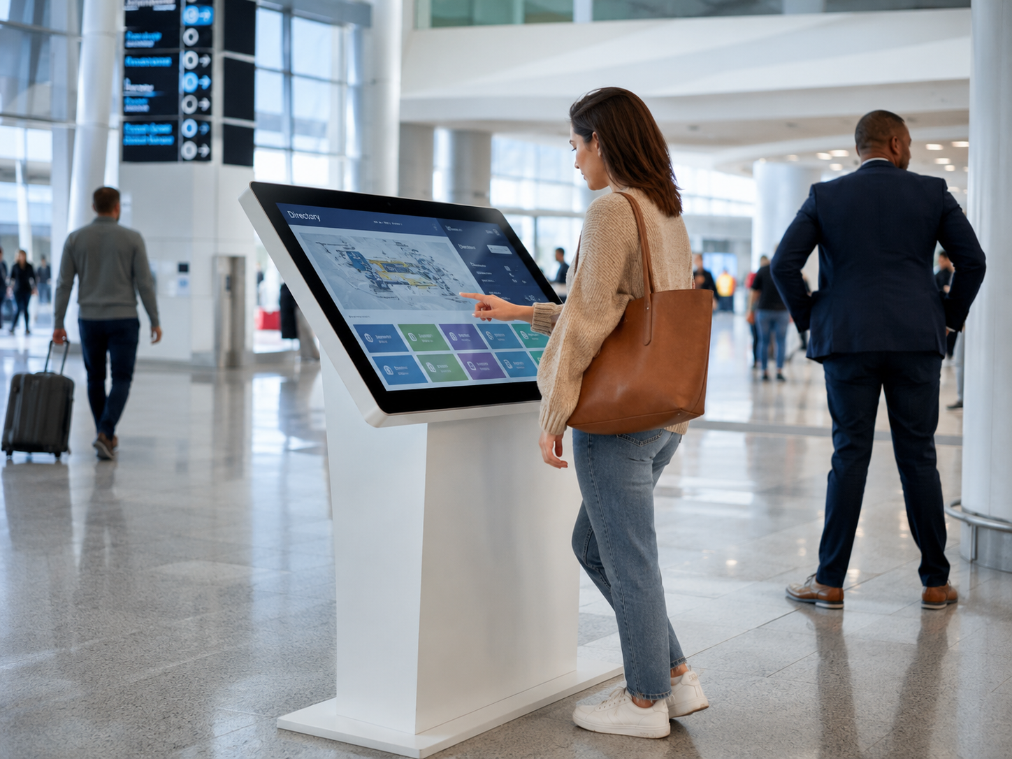 A person using a tall interactive digital wayfinding kiosk in a modern transit environment.