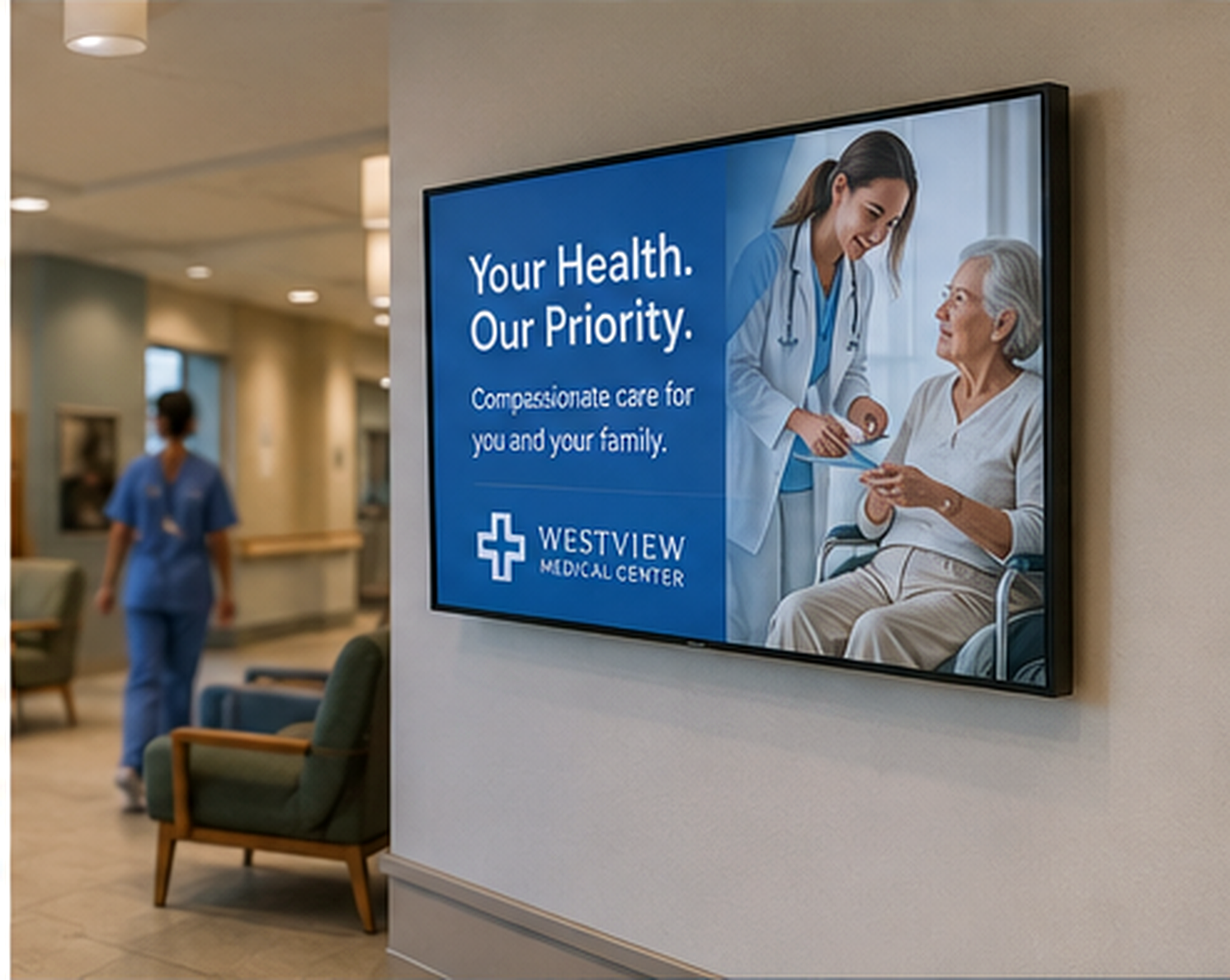 Healthcare digital signage displaying dynamic patient communication messaging