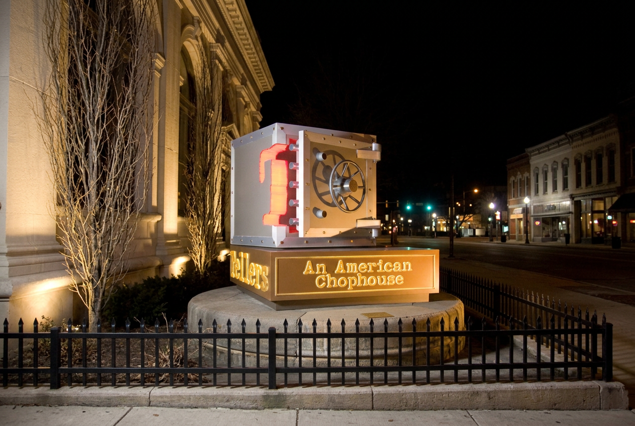 Custom illuminated Tellers vault sign for An American Chophouse, with red T and bronze lettering at night.
